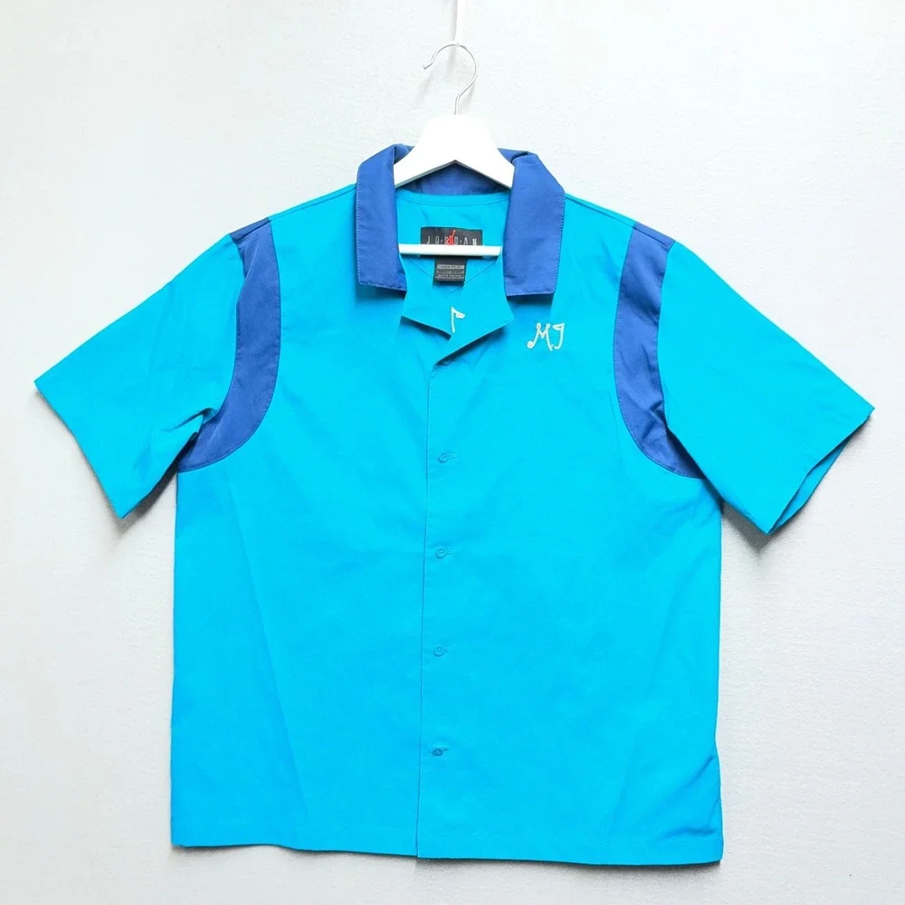 Jordan Flight Club Mens Teal Blue Short Sleeve Bowling Shirt DZ3340-483 Size M